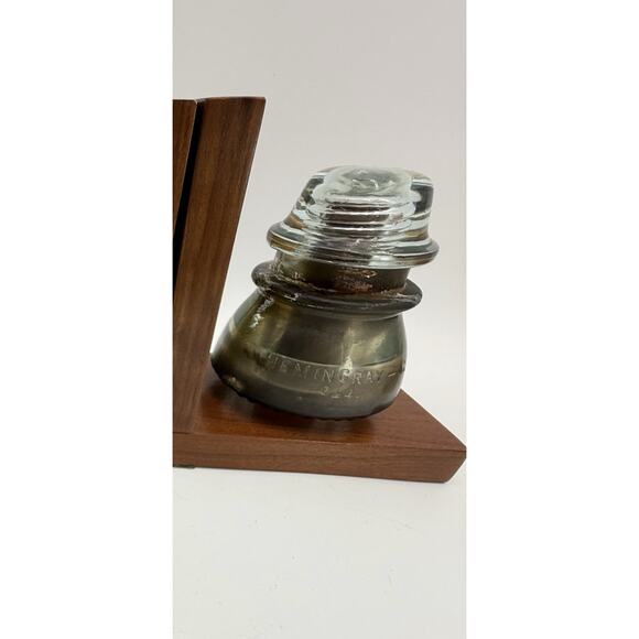 Clear Glass Insulator On Wood Bookends Very Heavy READ Vtg Lineman Electrician - Picture 12 of 14